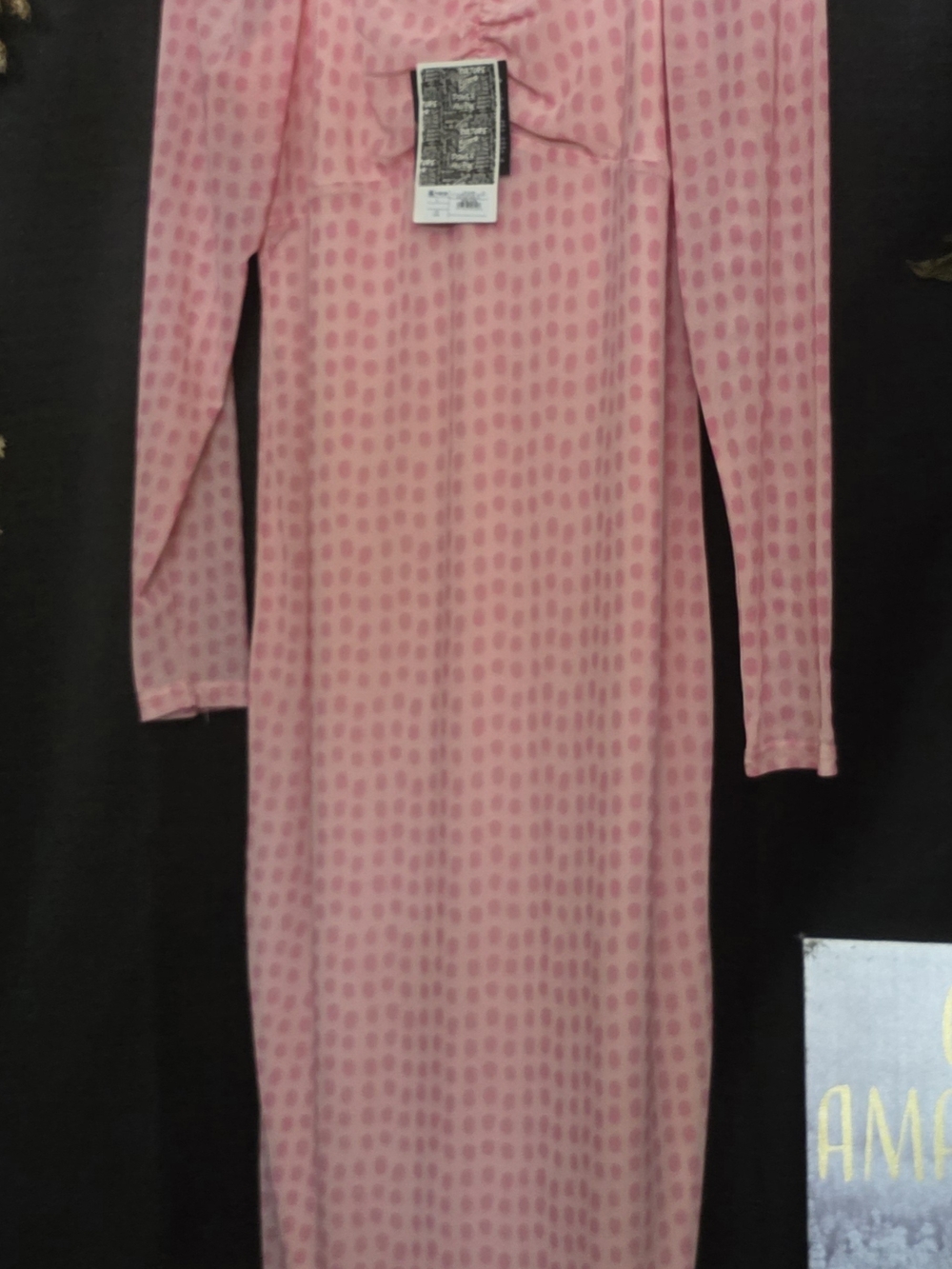 NWT SZ LG Pink Polka Dot With Sheer Long Sleeves & Sheer Overlay Slip Midi Dress